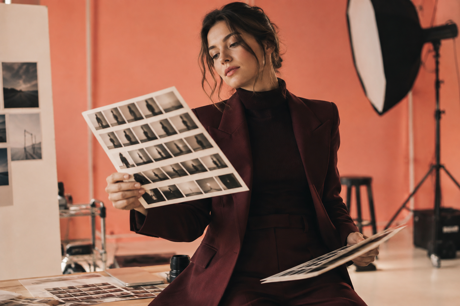 Creative director reviewing contact sheets in a coral photography studio